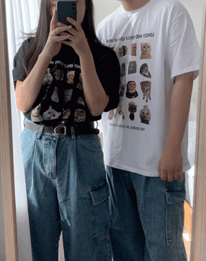 [봄신상][남녀공용][1+1할인] 캣츠 라운드넥 박스핏 반팔 티셔츠 - 2color